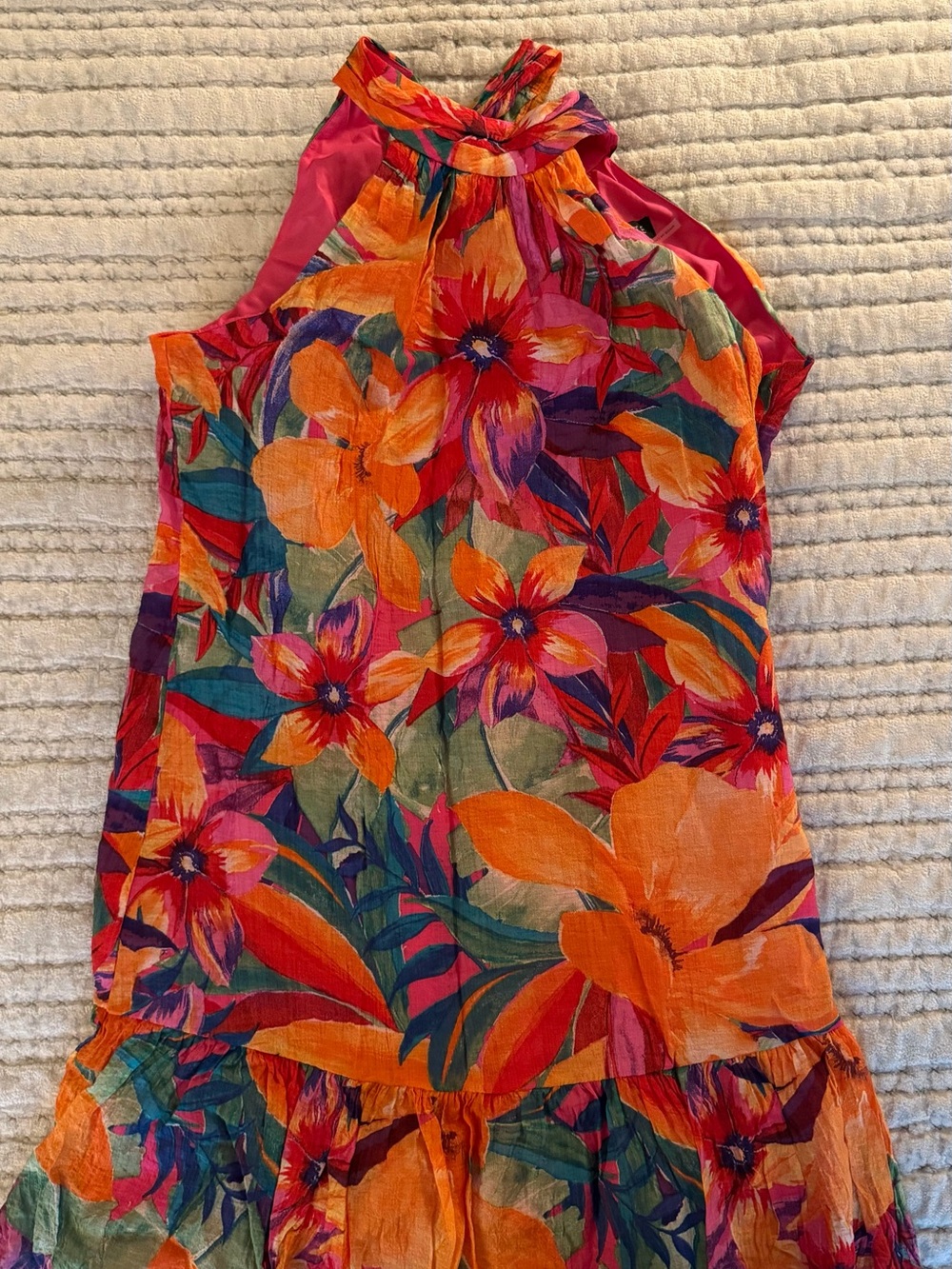 1. STATE Printed Ruffle-Hem Halter Dress